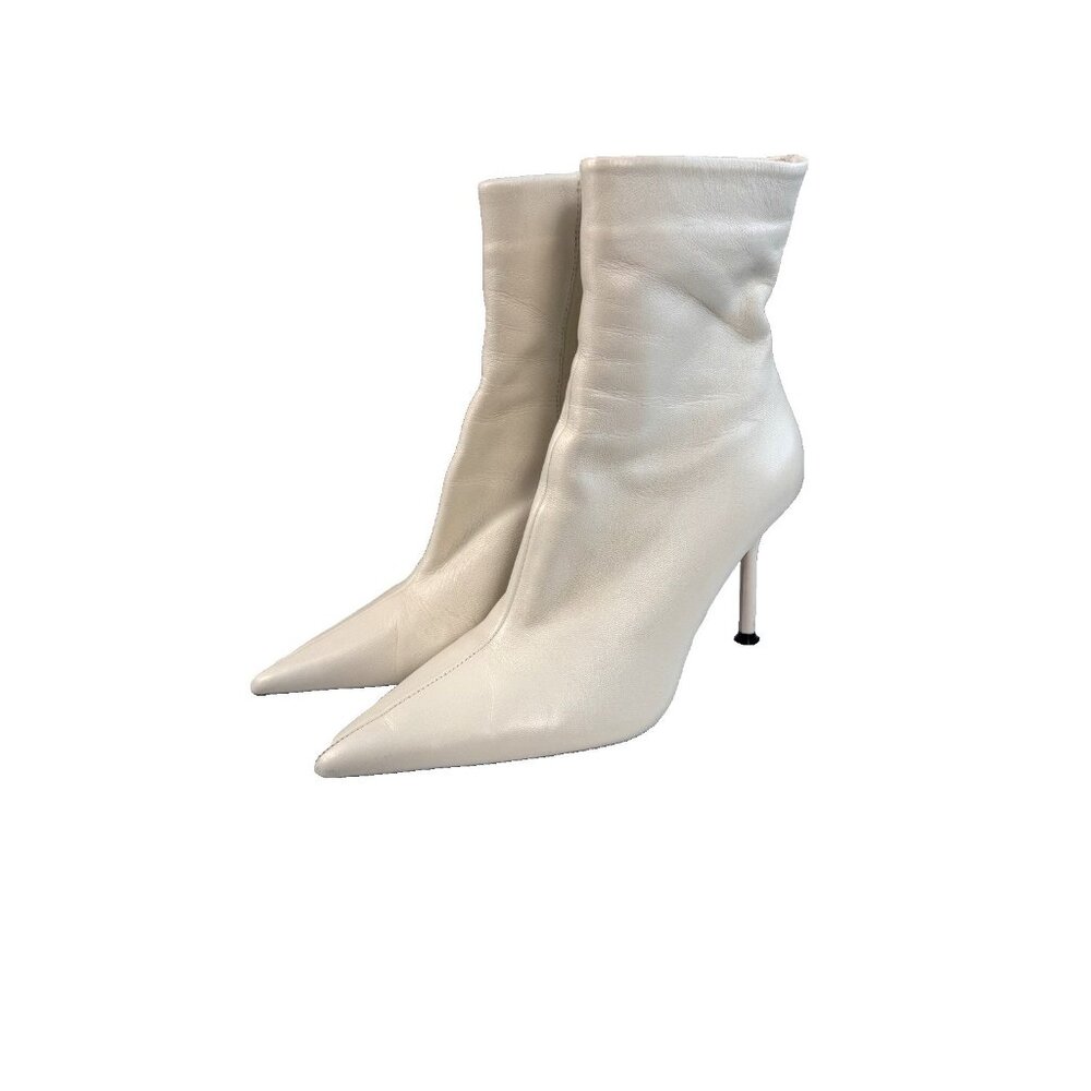 Zara Cream Ankle Boots 38 7.5 Zip Ivory Heel 3.5" Chic Minimal Luxe Street FLAW - Picture 3 of 16